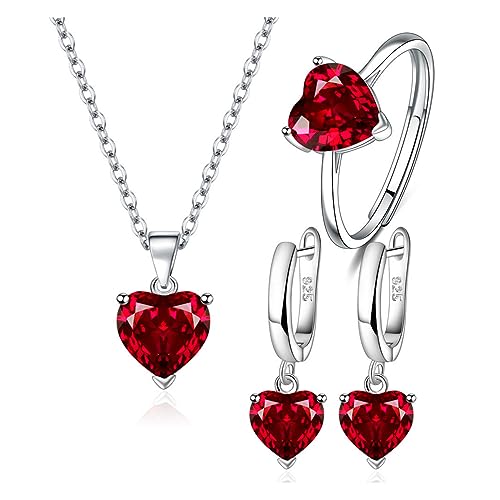 TOEECY Herz Schmuckset für Damen und Mädchen Kristalle 925 Silber Versilbert Anhänger Halskette Ohrringe Ringe Set Zirkonia Geschenk für Hochzeitstag(Rot) von TOEECY