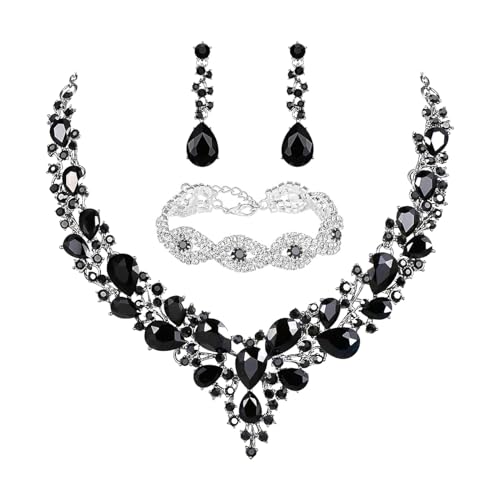 TOEECY Hochzeit Schmuckset Brautschmuck Set Strass Kristall Halskette Armband Anhänger Ohrring Set Hochzeit Verlobung Braut Brautjungfer (Schwarz TOEECY Hochzeit Schmuckset Brautschmuck Set Strass Kristall Halskette Armband Anhänger Ohrring Set Hochzeit Verlobung Braut Brautjungfer (Schwarz von TOEECY