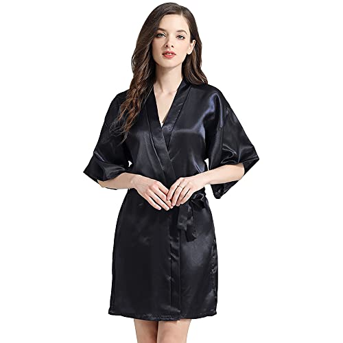 TOEECY Nachthemd Damen Sexy Satin Nachtwäsche Bademantel Hausmantel Sleepwear mit Gürtel V Ausschnitt Kurz Kimono Morgenmantel für Braut&Brautjungfern Party (Schwarz,M) von TOEECY