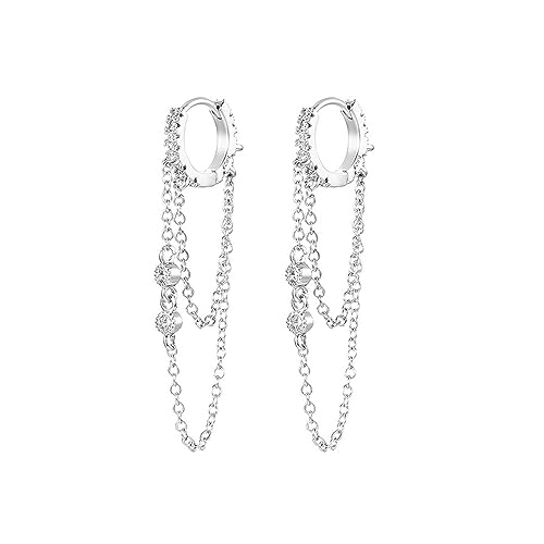 TOEECY Ohrringe Silber 925 Cubic Zirkonia Huggie Creolen mit Kette Gold Vergoldet Ohrringe Threader Dangle Tropfen Wassertropfen Ohrhänger für Damen Silber B TOEECY Ohrringe Silber 925 Cubic Zirkonia Huggie Creolen mit Kette Gold Vergoldet Ohrringe Threader Dangle Tropfen Wassertropfen Ohrhänger für Damen Silber B von TOEECY