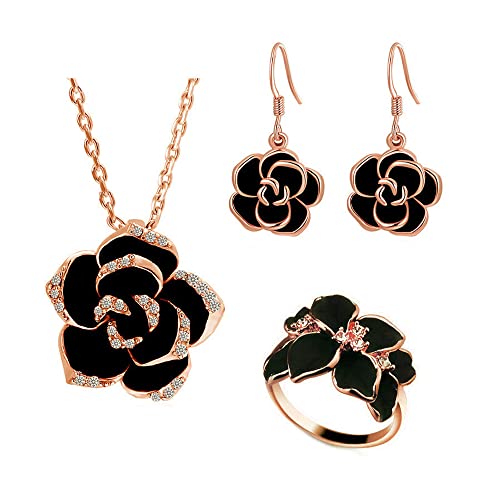 TOEECY Rose Schmuckset für Damen und Mädchen Kamelie Blume Anhänger Halskette Ohrringe und Einstellbar Ringe Set Emaille Zirkonia Schmuck Set für Hochzeit Braut (Roségold) von TOEECY