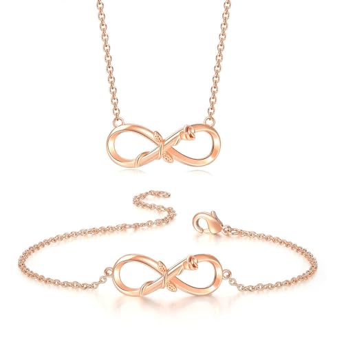 TOEECY Schmuck Damen Set 18K Platin Roségold Plattiert Rose Infinity Halskette Armband Schmuckset für Frau Freundin Mutter Tochter Mädchen Geschenk Jahrestag Muttertag Geburtstag Maskerade (Rosa Gold) von TOEECY