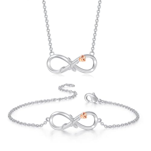 TOEECY Schmuck Damen Set 18K Platin Roségold Plattiert Rose Infinity Halskette Armband Schmuckset für Frau Freundin Mutter Tochter Mädchen Geschenk Jahrestag Mutterstag Geburtstag Maskerade (Silber) von TOEECY