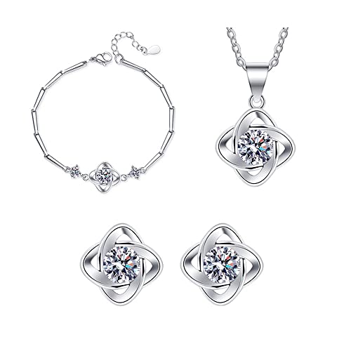 TOEECY Schmuckset Damen Silber, 925 Sterling Silber Klee Halskette Ohrstecker Armband Set mit Cubic Zirkonia Klee Schmuck Sets Geschenk für Mädchen Frauen (#1) von TOEECY