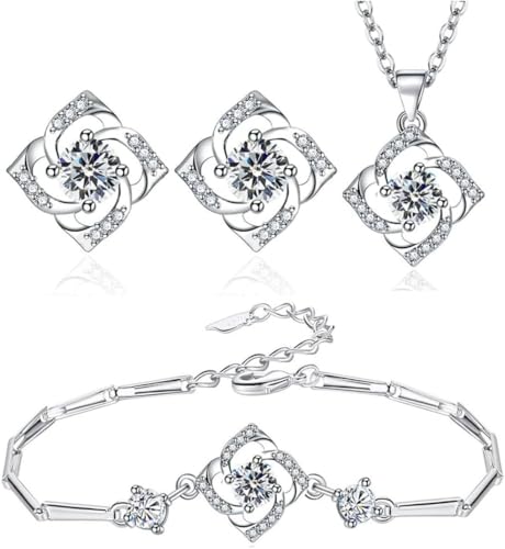 TOEECY Kleeblatt Zirkonia Schmuckset Halskette Ohrringe Armband Elegant Silber Luxus Damen Schmuck Glänzend Kristall Klassisch Zeitlos von TOEECY
