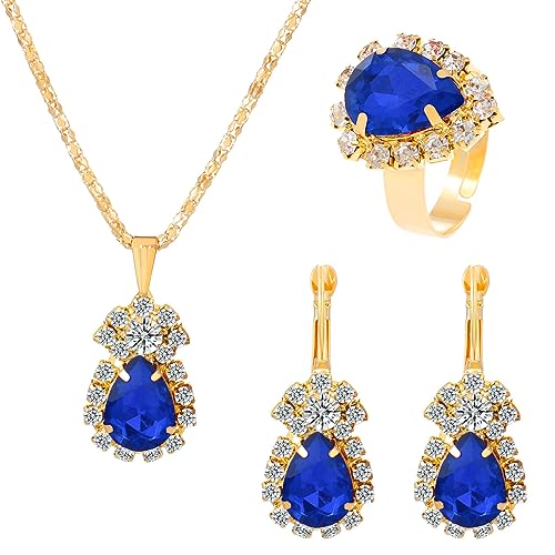 TOEECY Schmuckset für Damen und Mädchen Kristalle Anhänger Halskette Ohrringe Ringe Set Schmuck Set Brautschmuck(Blau) von TOEECY