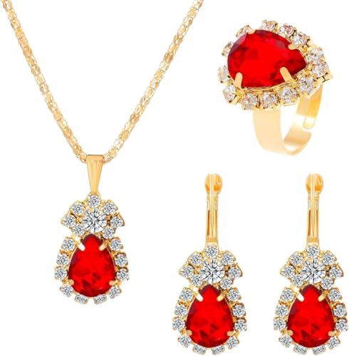 TOEECY Tropfen Kristall Schmuckset Halskette Ohrringe Ring Anhänger Damen Luxus Zirkonia Strass Goldfarben Juwelenset Hochwertig Elegant von TOEECY