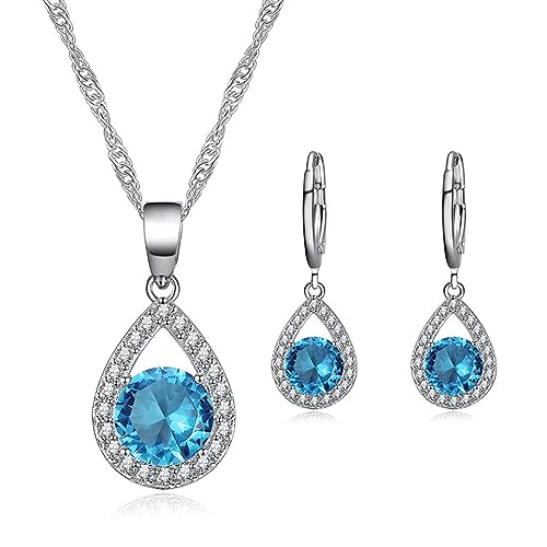 TOEECY Schmuckset für Damen und Mädchen Kristalle Anhänger Halskette Ohrringe Set 925 Silber Versilbert Schmuck Set Zirkonia Geschenk Brautschmuck(Blau) von TOEECY