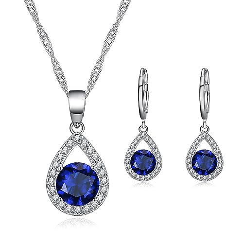 TOEECY Schmuckset für Damen und Mädchen Kristalle Anhänger Halskette Ohrringe Set 925 Silber Versilbert Schmuck Set Zirkonia Geschenk Brautschmuck(Marineblau) von TOEECY