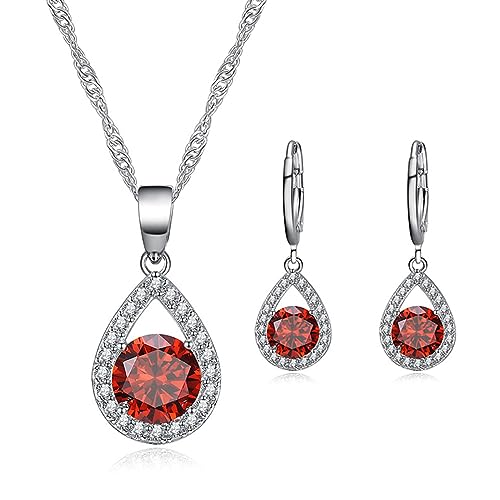 TOEECY Schmuckset für Damen und Mädchen Kristalle Anhänger Halskette Ohrringe Set 925 Silber Versilbert Schmuck Set Zirkonia Geschenk Brautschmuck(Rot) von TOEECY