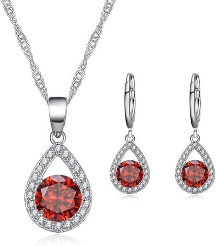 TOEECY Schmuckset für Damen und Mädchen Kristalle Anhänger Halskette Ohrringe Set 925 Silber Versilbert Schmuck Set Zirkonia Geschenk Brautschmuck(Rot) von TOEECY