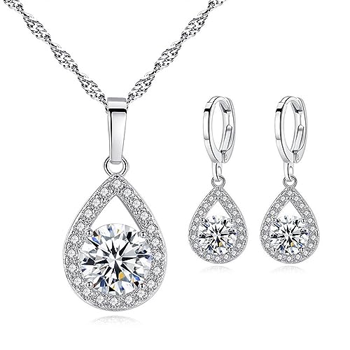 TOEECY Schmuckset für Damen und Mädchen Kristalle Anhänger Halskette Ohrringe Set 925 Silber Versilbert Schmuck Set Zirkonia Geschenk Brautschmuck(Weiß) von TOEECY