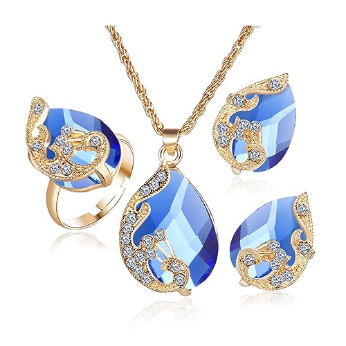 TOEECY Schmuckset für Damen und Mädchen Kristalle Pfau Anhänger Halskette Ohrringe Ringe Set Schmuck Set Zirkonia Geschenk Brautschmuck(Blau) von TOEECY