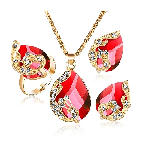 TOEECY Schmuckset für Damen und Mädchen Kristalle Pfau Anhänger Halskette Ohrringe Ringe Set Schmuck Set Zirkonia Geschenk Brautschmuck(Rot) von TOEECY