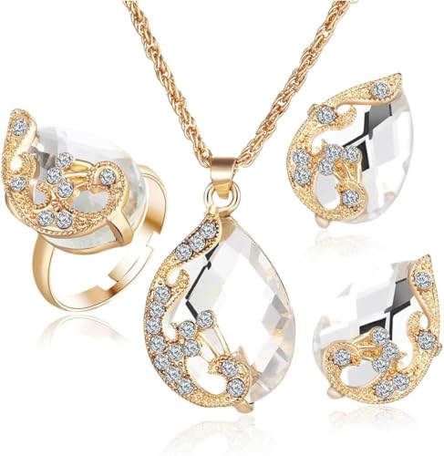 TOEECY Schmuckset für Damen und Mädchen Kristalle Pfau Anhänger Halskette Ohrringe Ringe Set Schmuck Set Zirkonia Geschenk Brautschmuck(Weiß) von TOEECY