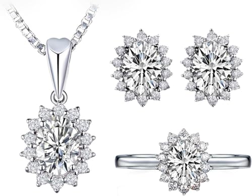 TOEECY Schmuckset für Damen und Mädchen Kristalle 925 Silber Versilbert Anhänger Halskette Ohrringe Einstellbar Ringe Set Schmuck Set Zirkonia Geschenk Brautschmuck(Weiß) von TOEECY