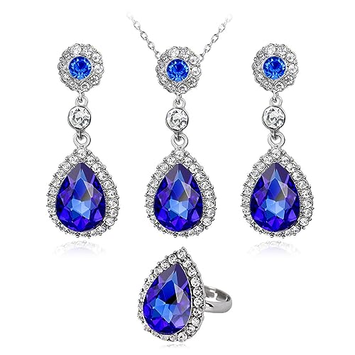 TOEECY Schmuckset für Damen und Mädchen Kristalle 925 Silber Versilbert Anhänger Halskette Ohrringe Ringe Set Schmuck Set Brautschmuck(Blau) von TOEECY