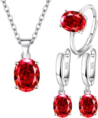 TOEECY Schmuckset für Damen und Mädchen Kristalle 925 Silber Versilbert Anhänger Halskette Ohrringe Ringe Set Schmuck Set Zirkonia Geschenk Brautschmuck(Rot) von TOEECY