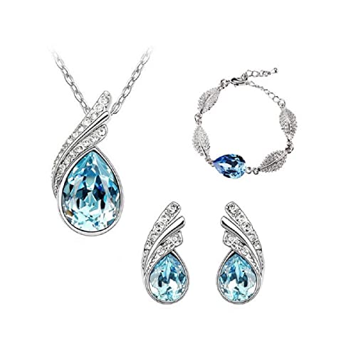 TOEECY Schmuckset für Damen und Mädchen Kristalle Versilbert Anhänger Halskette Stecker Ohrringe und Armband Set Schmuck Set Brautschmuck (Tropfenförmig,Ozeanblau) von TOEECY