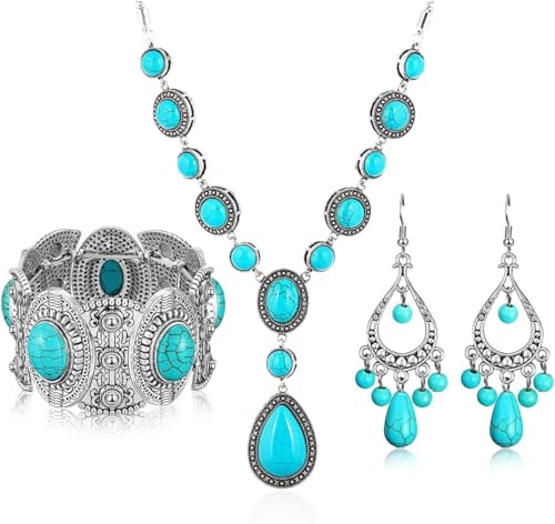 TOEECY Schmuckset für Damen und Mädchen Türkis Anhänger Halskette Ohrringe Armband Set Schmuck Set Brautschmuck(#3) von TOEECY