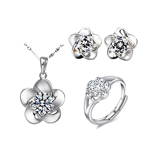 TOEECY Schmuckset für Damen und Mädchen Versilbert Silber Blume Anhänger Halskette Stecker Ohrringe und Einstellbar Ringe Set Zirkonia Schmuck Set (Pflaumenblüte) von TOEECY