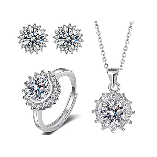 TOEECY Schmuckset für Damen und Mädchen Versilbert Silber Blume Anhänger Halskette Stecker Ohrringe und Einstellbar Ringe Set Zirkonia Schmuck Set (Sonnenblume) von TOEECY