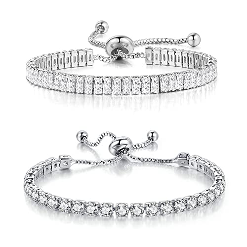 TOEECY Tennisarmband für Frauen 18K Vergoldete AAA + Zirkonia Verstellbare Tennis Armband Set Zierliche Klassische Freundschaftsarmband Modeschmuck Geschenk (Silber,#1) von TOEECY