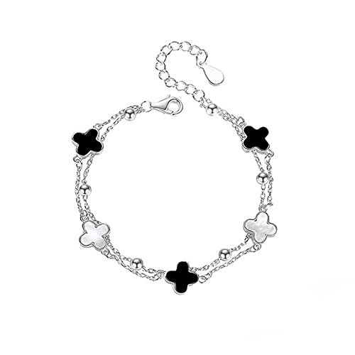 TOEECY Vierblättriges Kleeblatt Armband für Damen und Mädchen 18K Roségold Plattiert Versilbert Glücksarmband viel Glück Geschenke (Silber Schwarz Onyx) von TOEECY