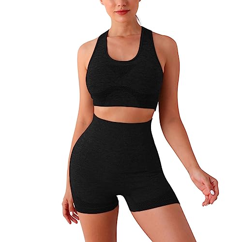 TOEECY Workout-Sets für Damen Bauchfreies Top und Hohe Taille Laufshorts Gerippt Zweiteilig Yoga-Sets Activewear Sport-Outfits Racerback-Sportbekleidungssets (L/XL) von TOEECY