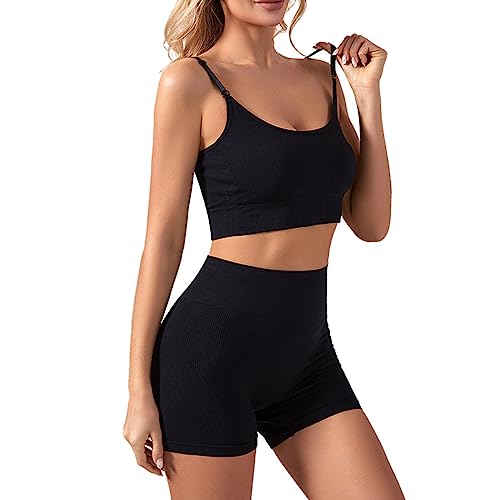 TOEECY Workout-Sets für Damen Bauchfreies Top und Hohe Taille Laufshorts Spaghetti-Träger Zweiteilig Yoga-Sets Activewear Sport-Outfits Racerback-Sportbekleidungssets (Schwarz,L) von TOEECY
