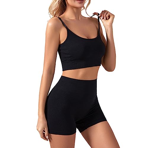 TOEECY Workout-Sets für Damen Bauchfreies Top und Hohe Taille Laufshorts Spaghetti-Träger Zweiteilig Yoga-Sets Activewear Sport-Outfits Racerback-Sportbekleidungssets (Schwarz,M) von TOEECY