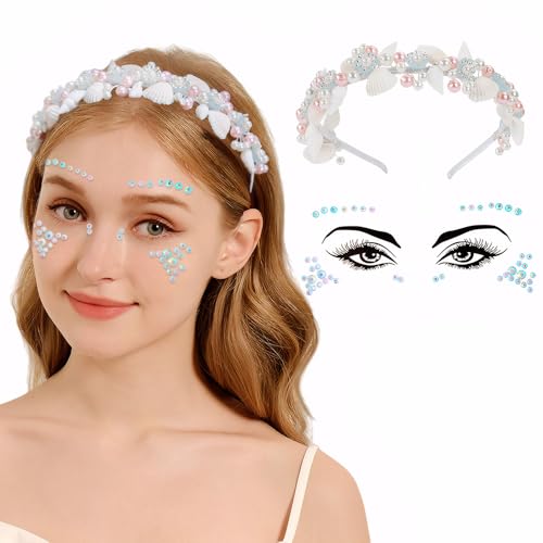 TOEECY Zweiteiliger Anzug Haarreifen Damen Strasssteine Selbstklebend Gesicht Muschelform Design Blumenperlen Modeaccessoires für Hochzeiten Reisen von TOEECY