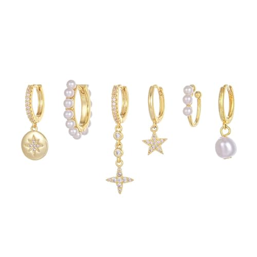 TOFBS Stern Creolen Ohrringe Set Perle Anhänger Kristall Schmuck Damen Silber Huggie Hoop Ohrstecker Elegant Zirkonia Schmuckset von TOFBS