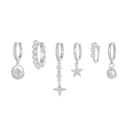 TOFBS Stern Creolen Ohrringe Set Perle Anhänger Kristall Schmuck Damen Silber Huggie Hoop Ohrstecker Elegant Zirkonia Schmuckset von TOFBS