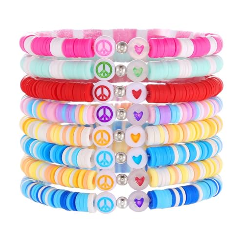 TOFBS 14 Stück Bunte Polymer Clay Perlen Armbänder Set Friedenszeichen Herz Symbol Schmuck Armband Kollektion Handgemachte Armkette TOFBS 14 Stück Bunte Polymer Clay Perlen Armbänder Set Friedenszeichen Herz Symbol Schmuck Armband Kollektion Handgemachte Armkette von TOFBS