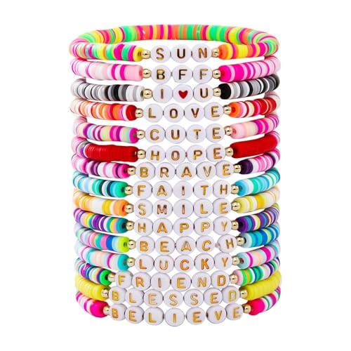 TOFBS 15 Stück Buchstabenperlen Armband Set Polymer Ton Freundschaftsarmbänder Elastische Perlenarmbänder Schmuck Damen Mädchen Accessoires von TOFBS