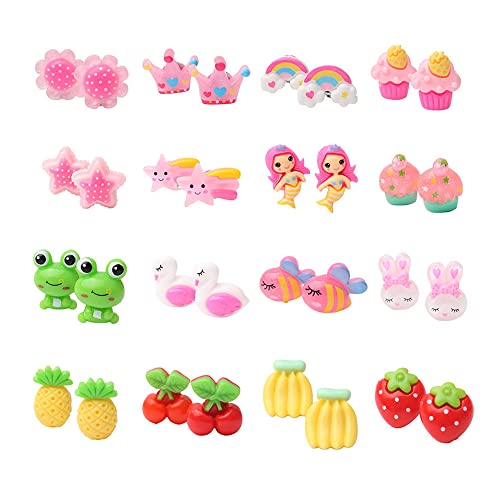 TOFBS 16 Paar Clip Ohrringe Set für Mädchen Kinder Ohrclips Ohne Ohrloch Ohrringe Blume Stern Regenbogen Erdbeere Frosch Krone Dress Up Prinzessin Schmuck Set von TOFBS