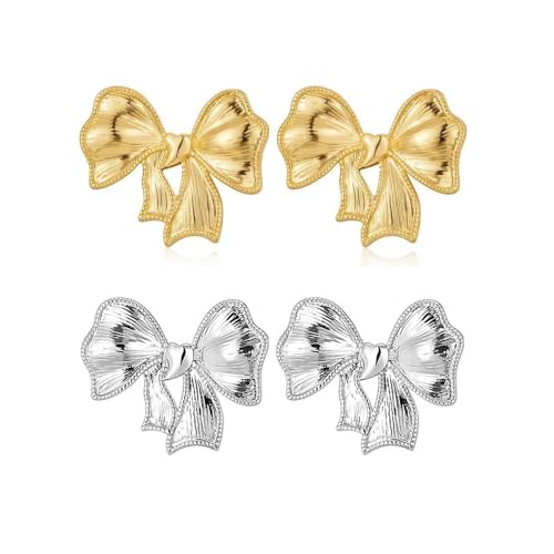TOFBS 2 Paar Bow Ohrringe Gold Silber Ohrstecker Schleife Band Ohrringe Set Hypoallergen Statement Earrings Schmuckgeschenk For Frauen Und Mädchen B von TOFBS