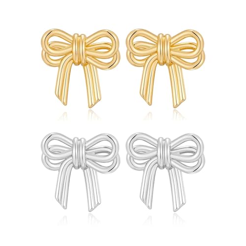 TOFBS 2 Paar Schleifen Ohrringe Gold und Silber Schleifen Ohrstecker Herz baumeln Ohrringe Bow Earrings Bogen Ohrstecker für Frauen Mädchen Schmuck(Set B) von TOFBS