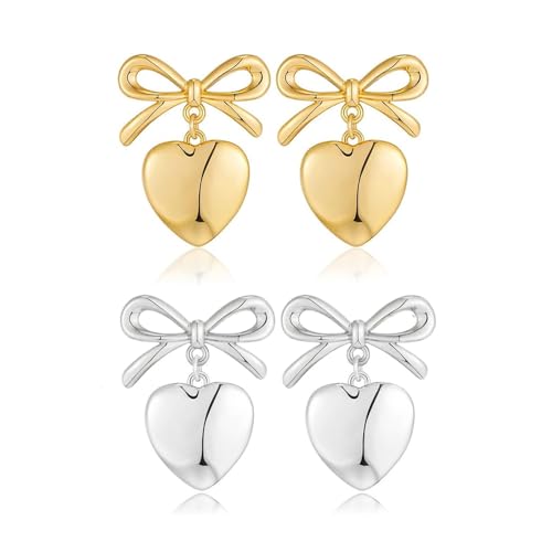 TOFBS 2 Paar Schleifen Ohrringe Gold und Silber Schleifen Ohrstecker Herz baumeln Ohrringe Bow Earrings Bogen Ohrstecker für Frauen Mädchen Schmuck(Set C) von TOFBS