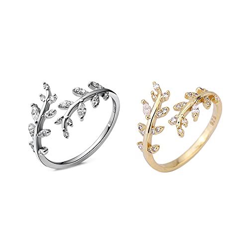TOFBS 2 Stück 925 Sterling Silber Ringe Set für Frauen & Mädchen - Verstellbare Offene Ringe in Olivenblatt-Design - Stapelbare Fingerringe, Knöchel & Zehenringe von TOFBS