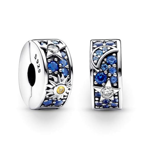 TOFBS 2 Stück Charms Anhänger Damen 925 Sterling Silber Sonne Mond Sterne Pavé Clip Zirkonia Bead Charm Schmuck Geburtstagsgeschenke Denkmal für Frauen Freundin Mutter (Blau) von TOFBS