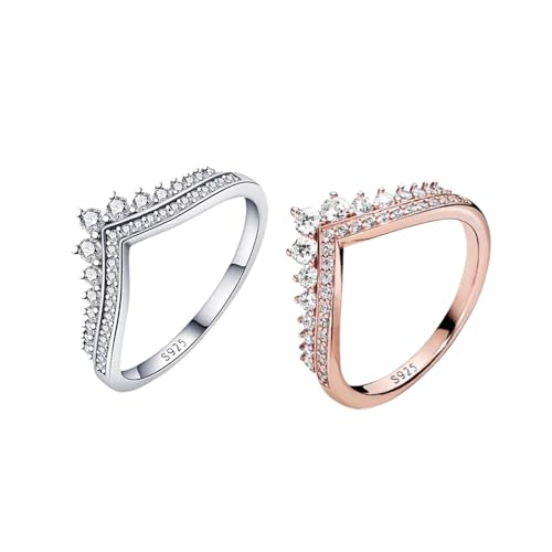 TOFBS 2 Stück Vform Diadem Ringe Set Kristall Schmuck S925 Sterling Silber Zirkonia Kronenringe Damenringe Eleganter Schmuck von TOFBS