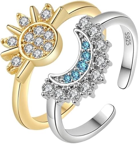 TOFBS Sonne Mond Verstellbarer Ring Set S925 Silber Zirkonia Besetzt Celestial Damenring Schmuck Zweifarbig Offener Ring Doppelring von TOFBS