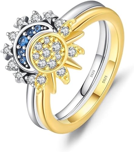 TOFBS Himmlischer Sonne Mond Ring S925 Sterling Silber Zirkonia Schmuck Damenring Zweifarbig Verstellbar Celestial Damenring von TOFBS
