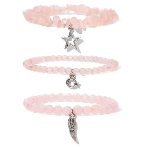 TOFBS 3 Stück Amethyst Armband Set Naturstein Perlen Armbänder mit Stern Mond Flügel Anhänger Schmuck Damen Armkette Edelstein Armreif von TOFBS