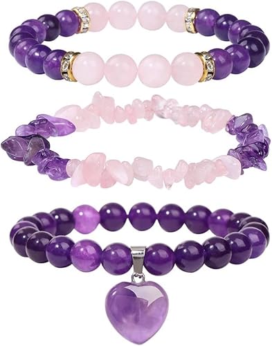 TOFBS 3 Stück Natürliche Amethyst Rosenquarz Armband Set Herz Anhänger Edelstein Perlen Armreif Schmuckset Damen von TOFBS