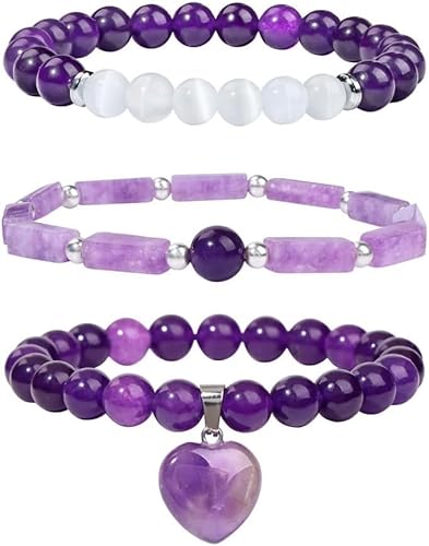 TOFBS 3 Stück Natürliche Amethyst Rosenquarz Armband Set Herz Anhänger Edelstein Perlen Armreif Schmuckset Damen von TOFBS