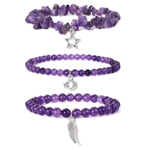 TOFBS 3 Stück Amethyst Armband Set Naturstein Perlen Armbänder mit Stern Mond Flügel Anhänger Schmuck Damen Armkette Edelstein Armreif von TOFBS