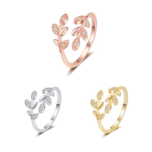 TOFBS 3 Stück Ring Damen Zweig Blatt Verstellbar Offener Silber Gold Rosegold Ringe Set Zirkonia Anxiety Eheringe Ringe Schmuck Geburtstag für Frauen Mutter Mädchen Schwester von TOFBS